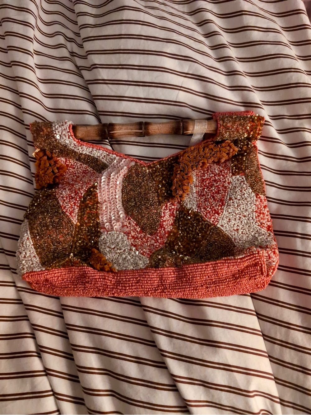 Handcrafted Beaded Women’s clutch Bag - Pink, Coral & Gold